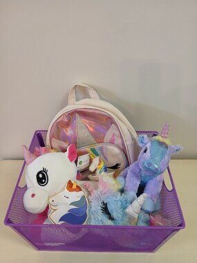 Purple metal mesh basket with unicorn accessories